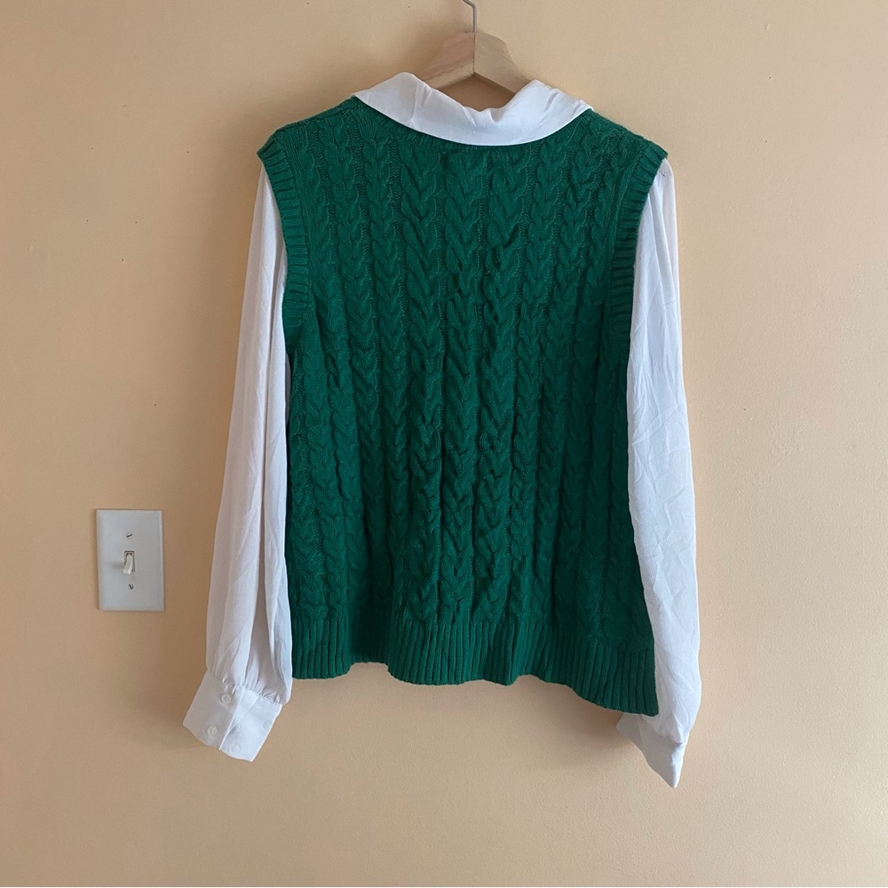 Christian Siriano White Collared Blouse Green Cable Knit Sweater Vest Preppy - Picture 3 of 13